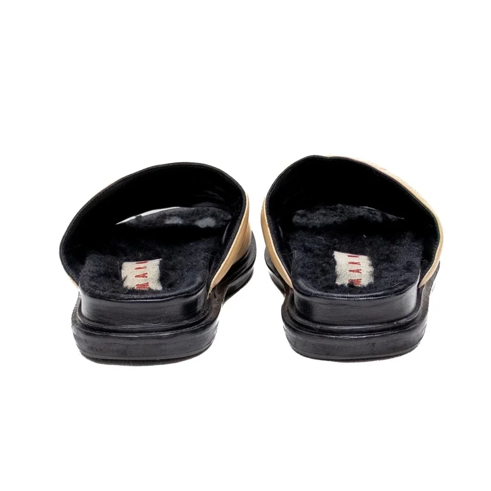 Marni‎ Beige & Black Women's Leather Sheepskin Slides Sandals Sz US 6.5
